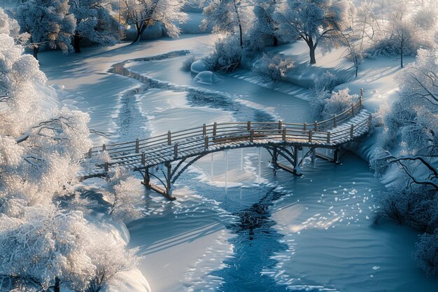 Le paysage hivernal d'une rivière gelée qui serpente à travers