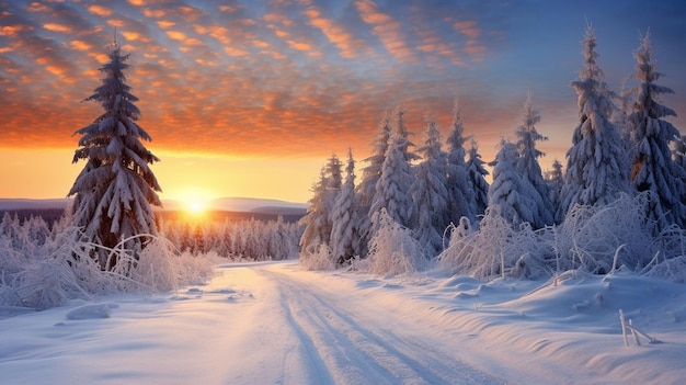 paysage hivernal d'une route de montagne avec une forêt de pins au lever du soleil arbre de Noël avec des branches de sapin