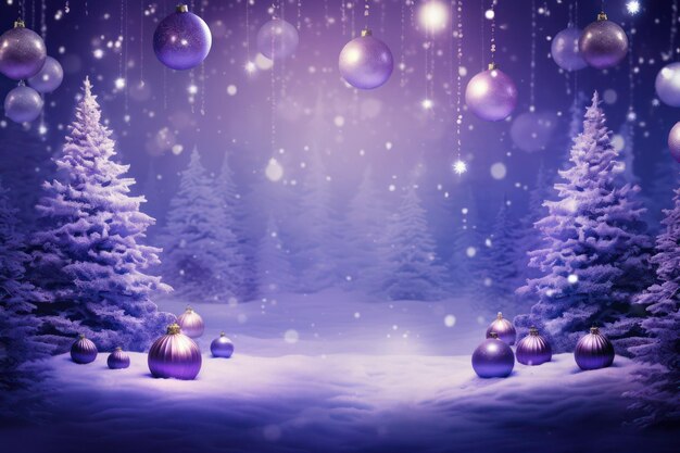 Paysage hivernal avec des sapins enneigés et des boules de Noël rendu 3D