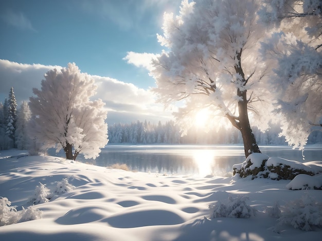 un paysage hivernal serein avec des arbres couverts de neige un lac gelé