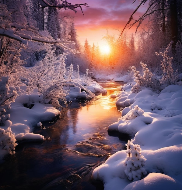 Un paysage hivernal tranquille avec une rivière qui coule à travers une forêt enneigée