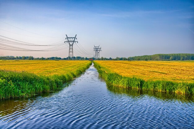 Paysage hollandais avec un canal et des champs d'herbe avec reflet miroir