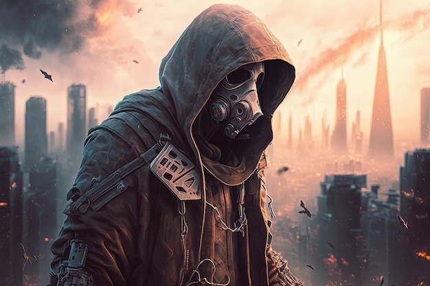 Paysage avec homme en capuche et masque à gaz ville en arrière-plan post apocalypse Generative AI