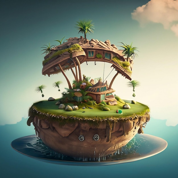 Paysage Une île flottant au milieu de la mer Elle possède une petite cabane primitive avec des palmiers et