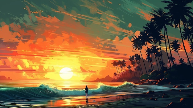 Paysage d'île de plage au coucher du soleil paradis des palmiers avec IA générative au coucher du soleil