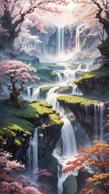 Photo paysage avec des îles flottantes, des cascades en cascade et une flore et une faune vibrantes