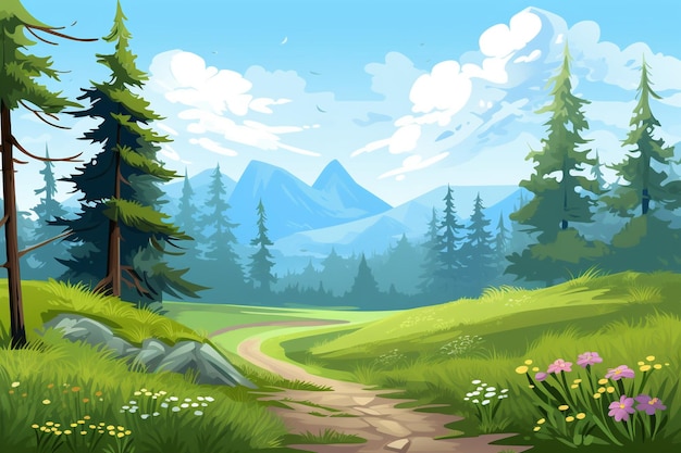 Paysage illustré avec des montagnes et des forêts