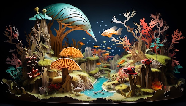 un paysage imaginaire en 3D où des créatures mythiques coexistent avec de réelles espèces en voie de disparition