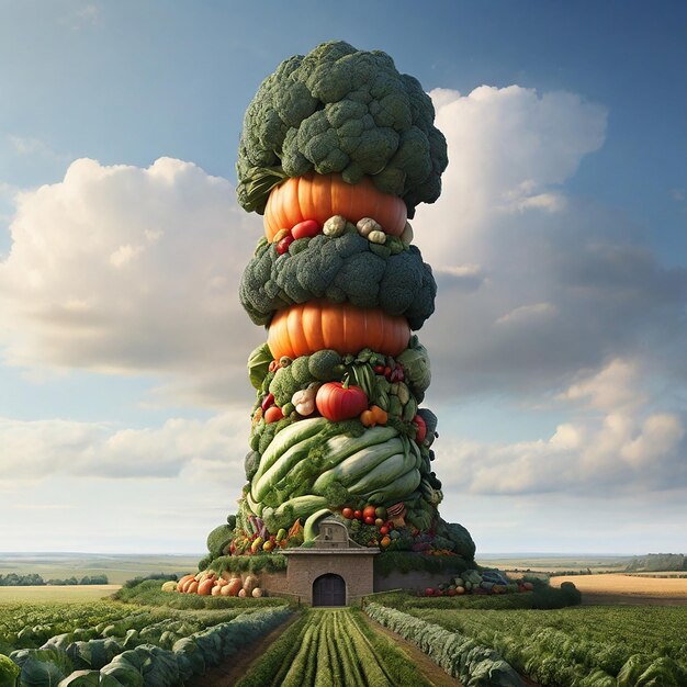 Un paysage imaginaire avec des légumes gigantesques