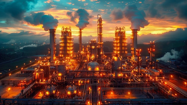 Paysage industriel avec une raffinerie de pétrole au coucher du soleil