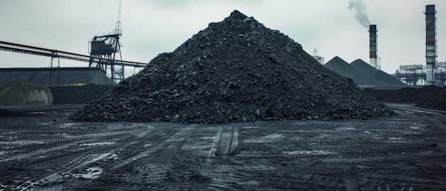 Un paysage industriel sombre éclipsé par des tas de charbon et de pollution