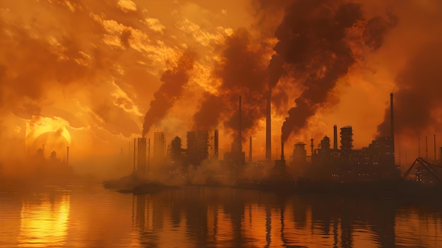 Paysage industriel spectaculaire au coucher du soleil avec des cheminées concept de pollution environnementale cieux de feu orange sur le paysage urbain image émouvante AI