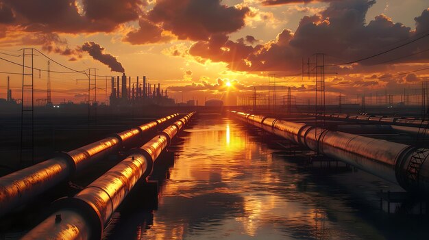 Photo le paysage industriel à sunset les tuyaux de la raffinerie de pétrole brillent le concept d'énergie environnementale le ciel dramatique se reflète sur l'eau
