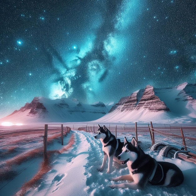 Paysage islandais Neige galaxie ciel nuit étoiles loup husky