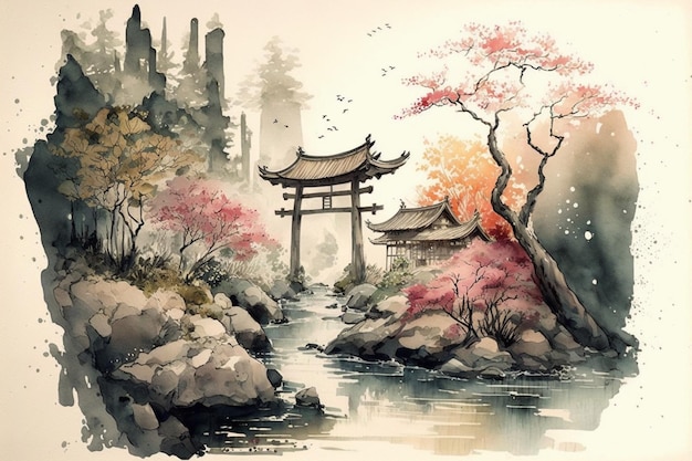 Paysage japonais aquarelle