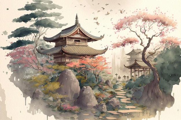 Paysage japonais aquarelle
