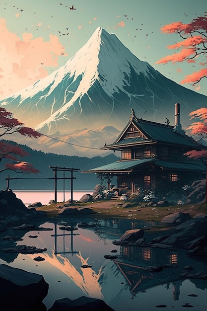 Paysage japonais avec la pagode de montagne du lac