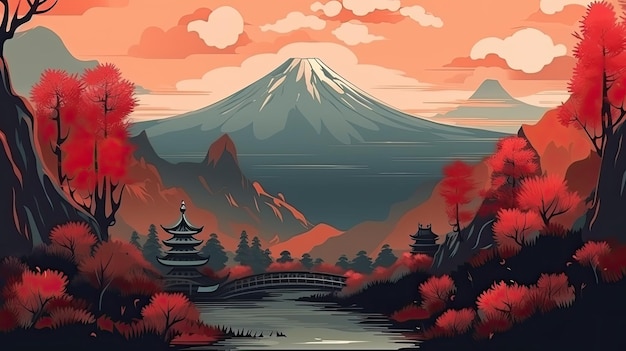Photo paysage japonais rouge avec fond de montagnes et de lacs