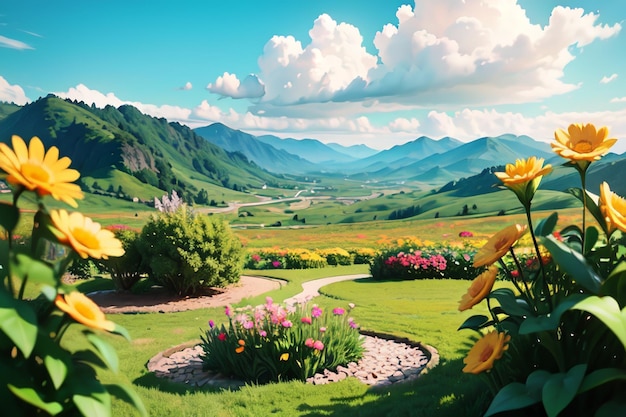 Un paysage avec un jardin fleuri au premier plan