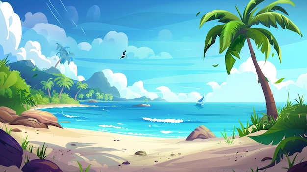 Paysage de jeu de plage d'île paradis vectoriel d'été Localisation de vacances tropicales avec palmier Eau de mer et plage de sable Caraïbes environnement de côte océanique sauvage à explorer illustration de dessin animé