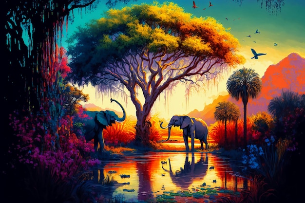 Paysage sur une jungle tropicale africaine avec des arbres.