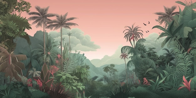 Paysage de jungle tropicale avec fond de ciel pastel