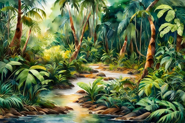 Photo paysage de jungle tropicale avec palmiers et ruisseau peinture numérique