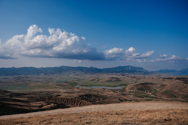 Paysage avec un lac dans les montagnes sous un ciel bleu avec des nuages en été