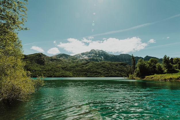 Paysage d'un lac entouré de montagnes