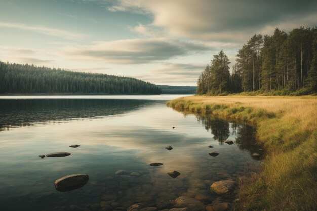 Paysage avec lac et forêt au coucher du soleil Beau paysage d'été
