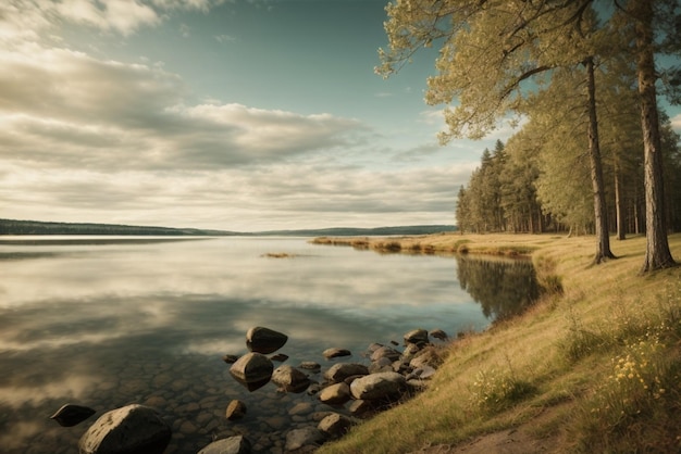 Photo paysage avec lac et forêt au coucher du soleil beau paysage d'été