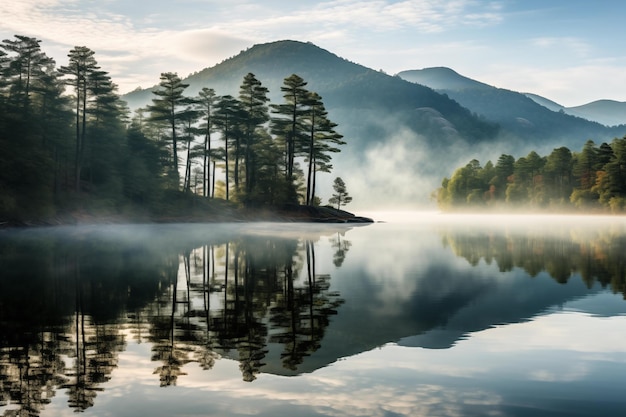 Paysage d'un lac de montagne avec de la brume et une forêt de pins au lever du soleil