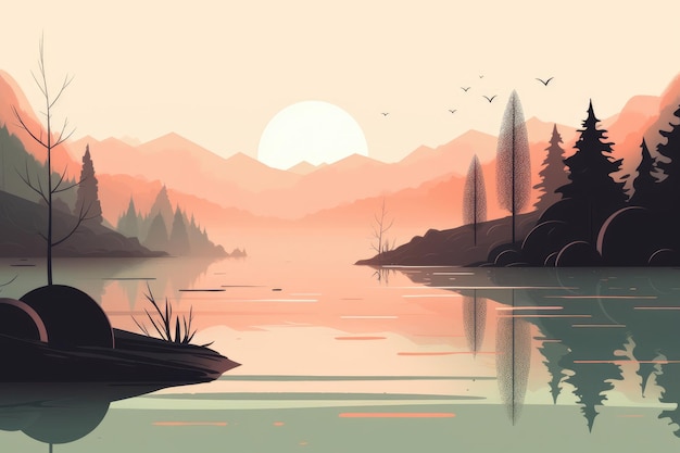 Un paysage de lac de montagne serein représenté dans une illustration minimaliste Couleurs douces et douces