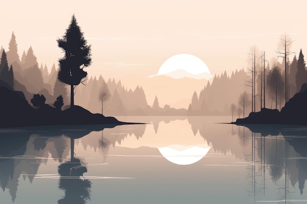 Un paysage de lac de montagne serein représenté dans une illustration minimaliste Couleurs douces et douces