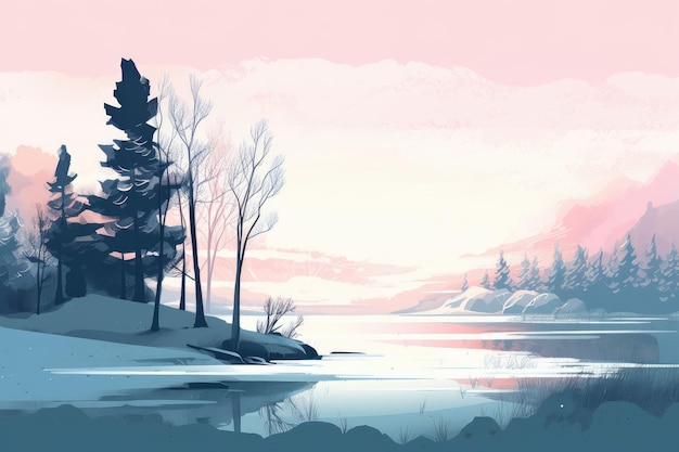 Un paysage de lac de montagne serein représenté dans une illustration minimaliste Couleurs douces et douces