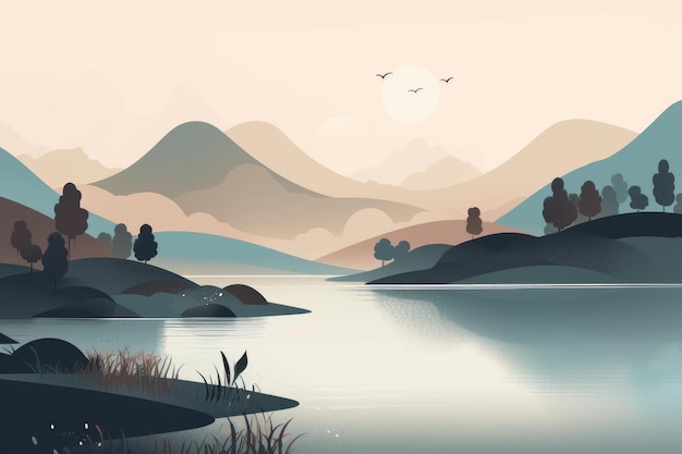 Un paysage de lac de montagne serein représenté dans une illustration minimaliste Couleurs douces et douces