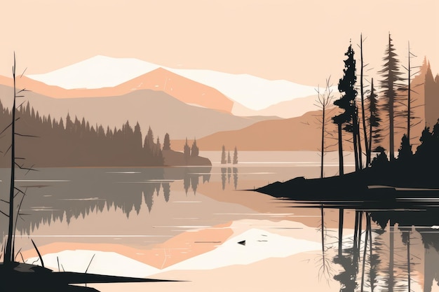 Un paysage de lac de montagne serein représenté dans une illustration minimaliste Couleurs douces et douces