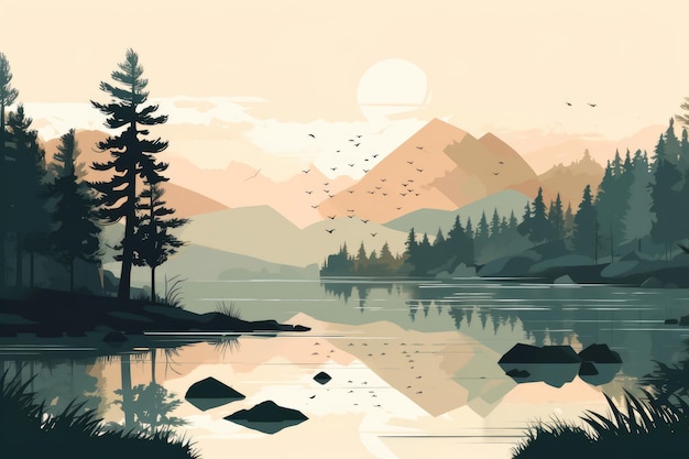Un paysage de lac de montagne serein représenté dans une illustration minimaliste Couleurs douces et douces