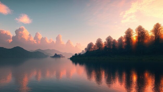 Un paysage avec un lac et des montagnes en arrière-plan