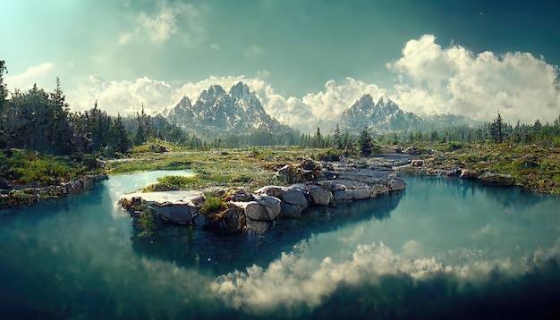 Paysage avec lac montagnes enneigées herbe verte et ciel bleu