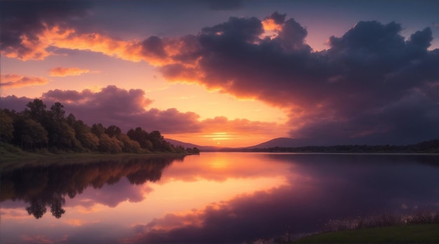 Un paysage avec un lac et des nuages et un coucher de soleil Generative AI