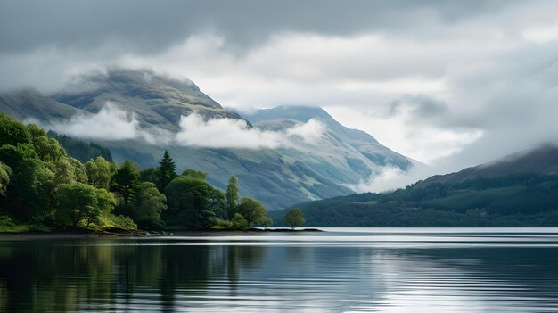 Paysage de lac serein avec des montagnes brumeuses et des eaux calmes photographie de la nature idéale pour l'art mural ou l'intelligence artificielle de fond