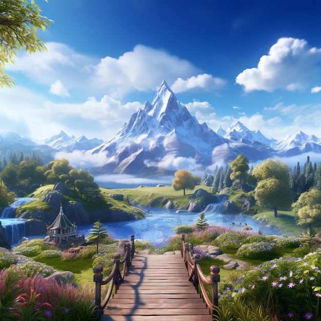 paysage d'un lieu naturel avec des montagnes, de l'eau, du ciel, des arbres et des fleurs