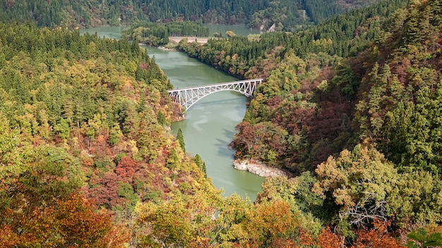 Photo paysage de la ligne tadami à fukushima, japon