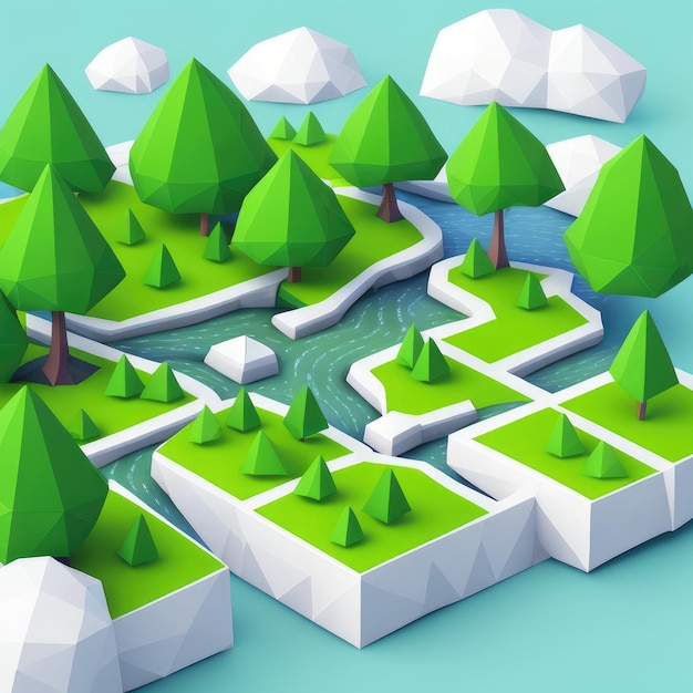 Un paysage low poly avec des arbres et des rochers.