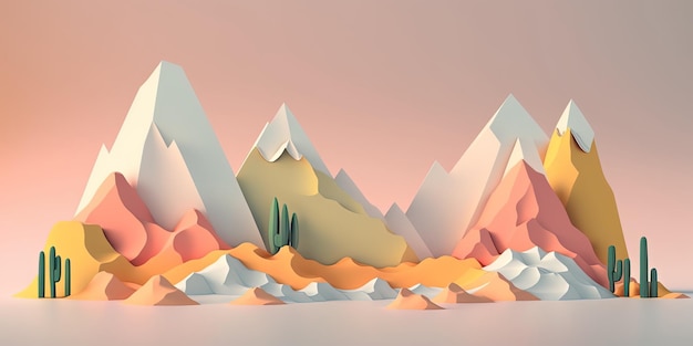 Un paysage low poly avec des montagnes et des cactus.