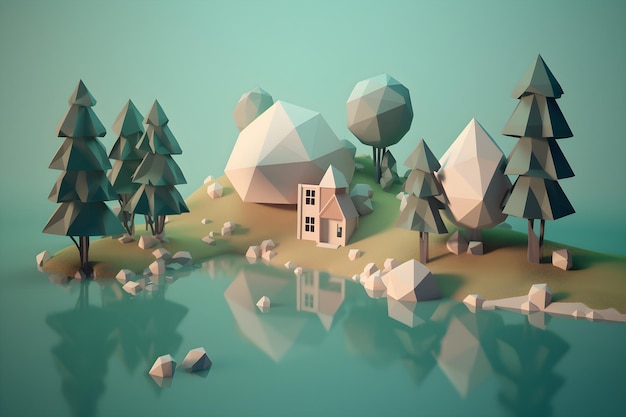 Un paysage low poly avec une petite maison au milieu d'un lac.