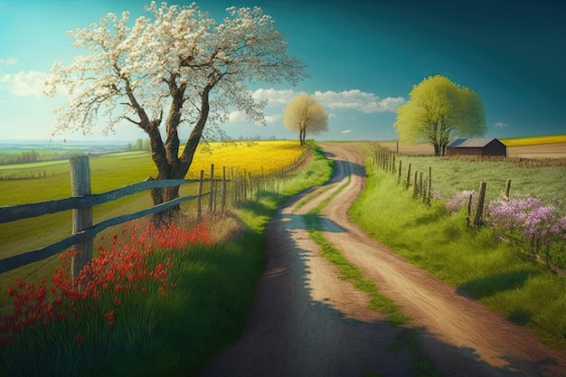 Paysage lumineux du printemps avec de jeunes herbes et fleurs dans un chemin de campagne