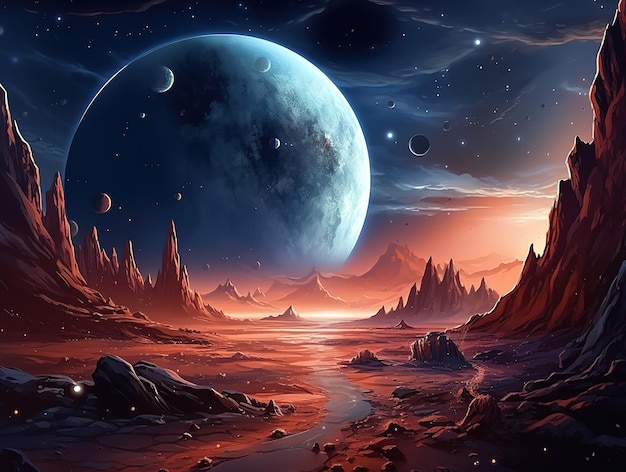 Paysage lumineux extraterrestre de la galaxie avec une scène de désert rouge Generative Ai