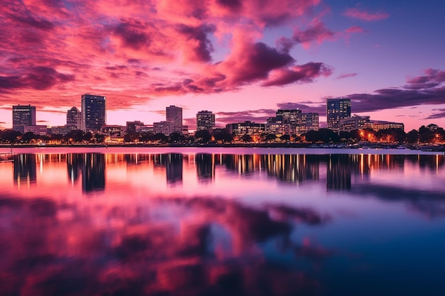 Le paysage lumineux de la ville se reflète sur le front de mer au crépuscule.